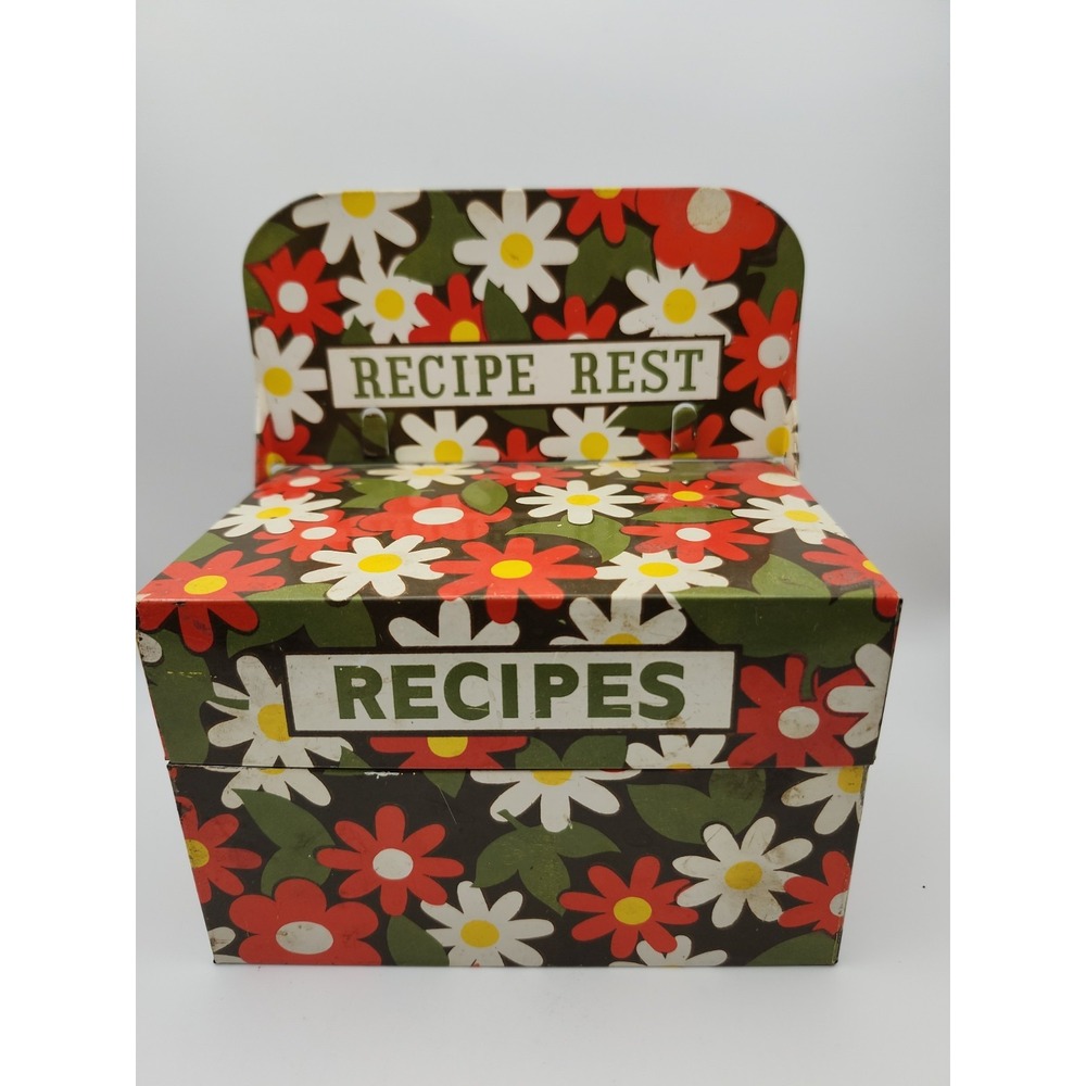 VTG 70s Flower Power Metal Recipe Box Tin Recipe Rest Retro Daisy Kitchen Decor